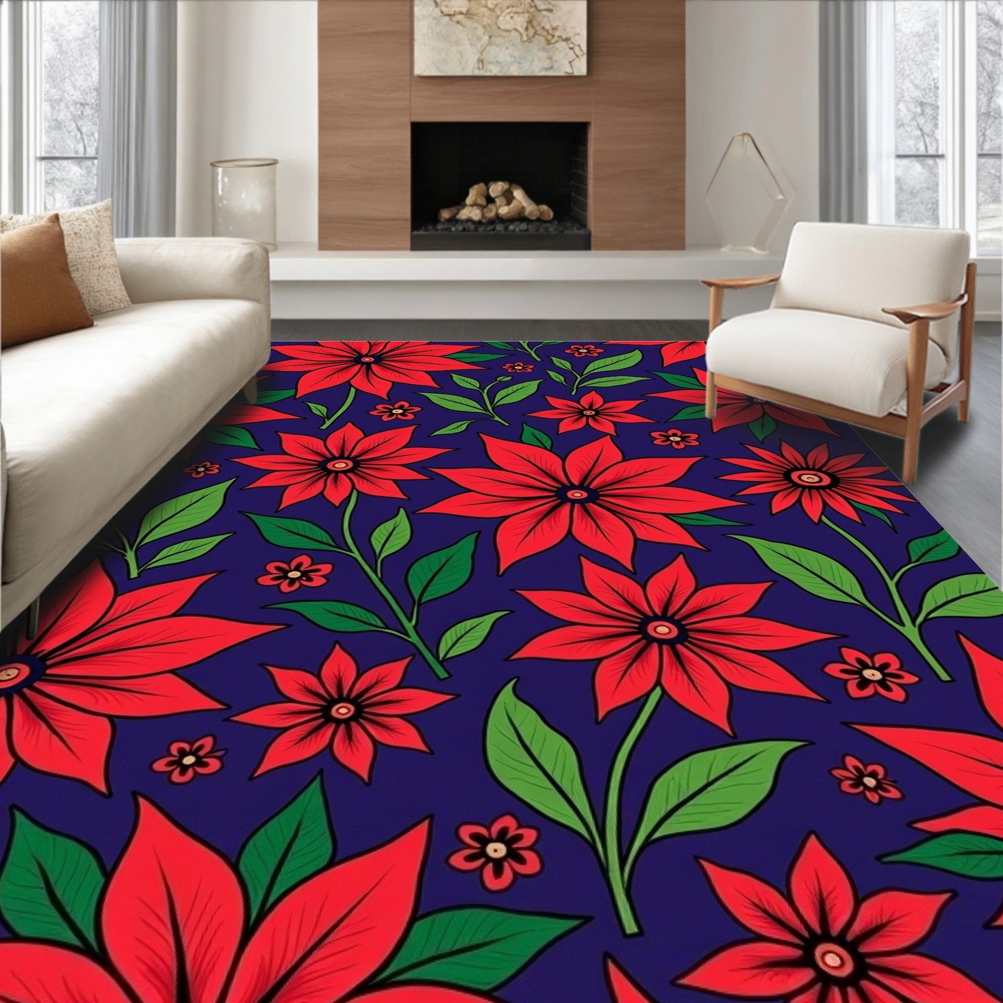Bold Red Poinsettia Floral Navy Rug