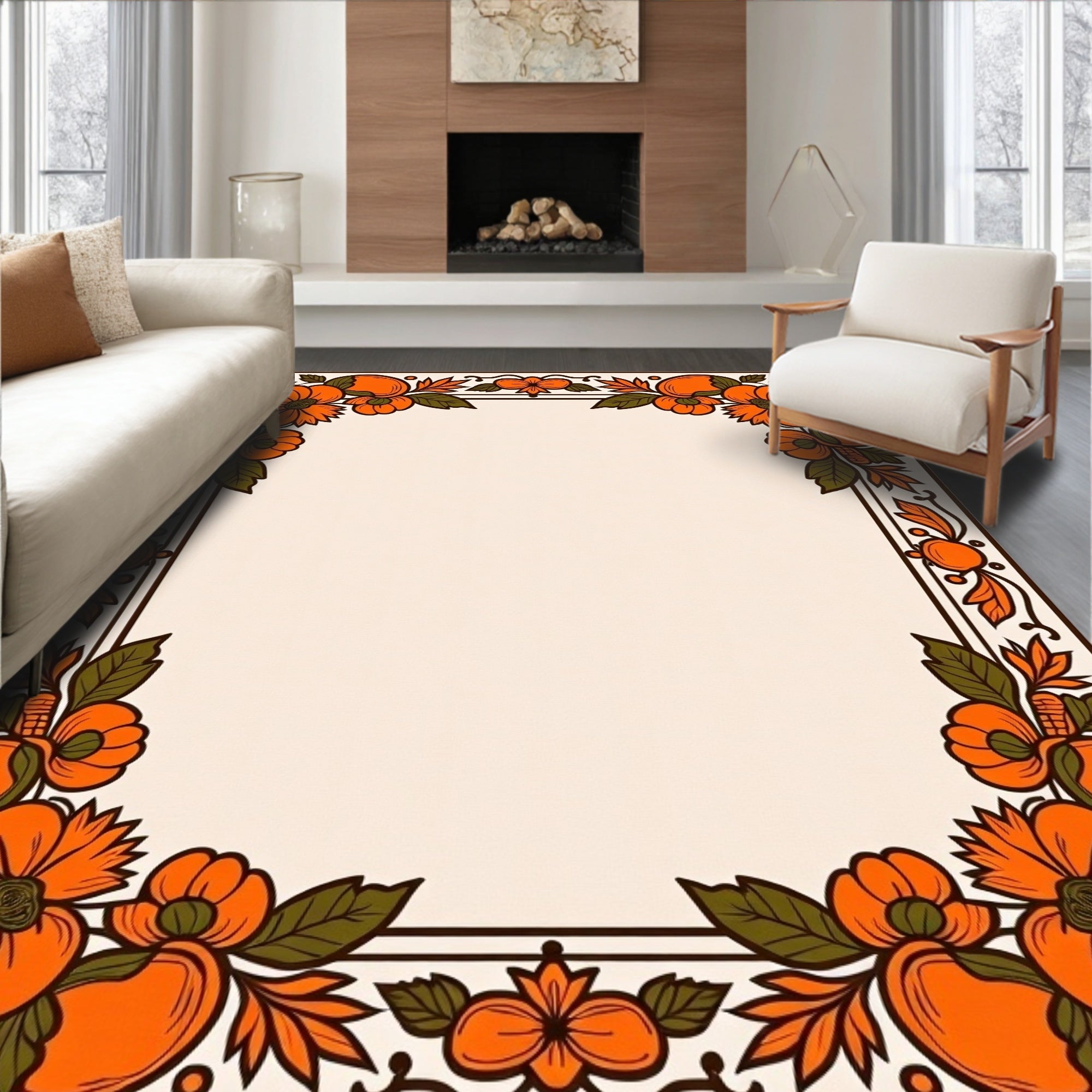 Vintage Orange Floral Border Rug
