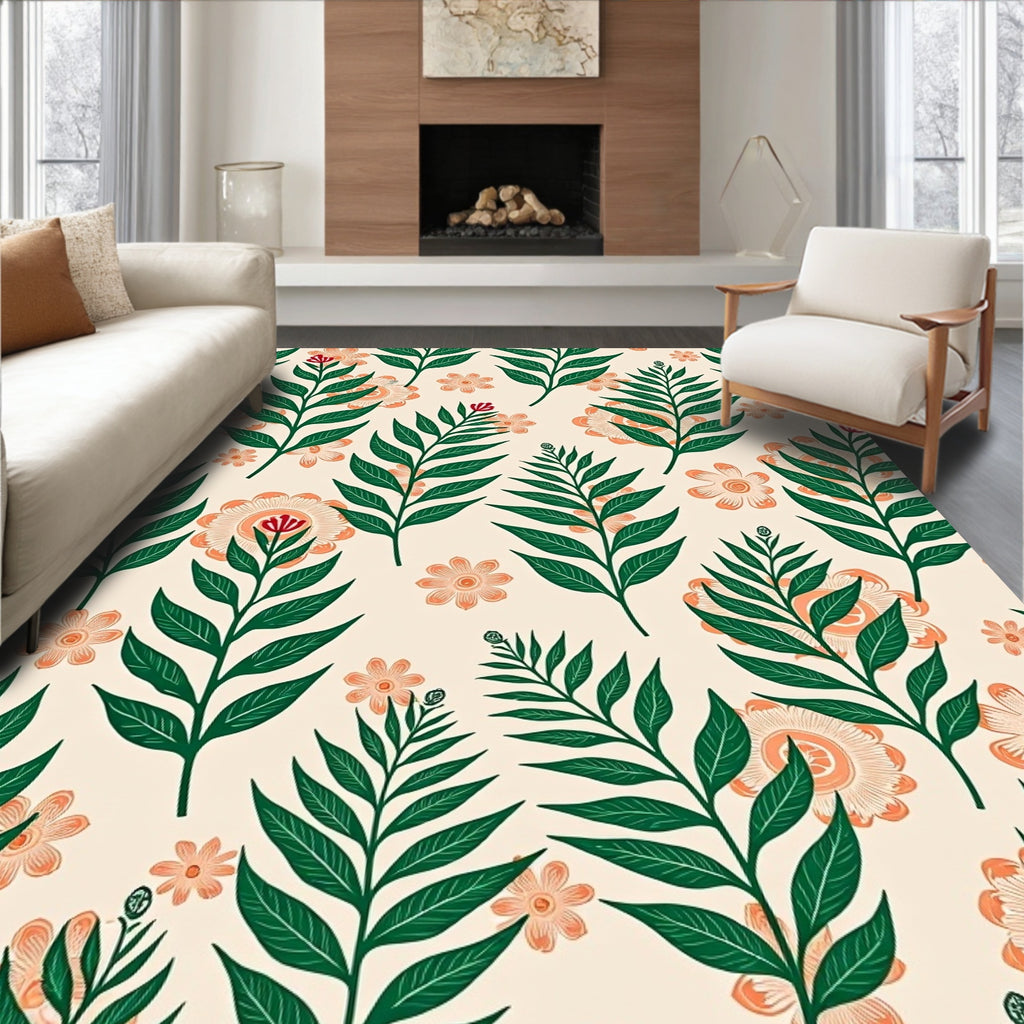 Cream Coral Green Fern Blossom Flourish Rug