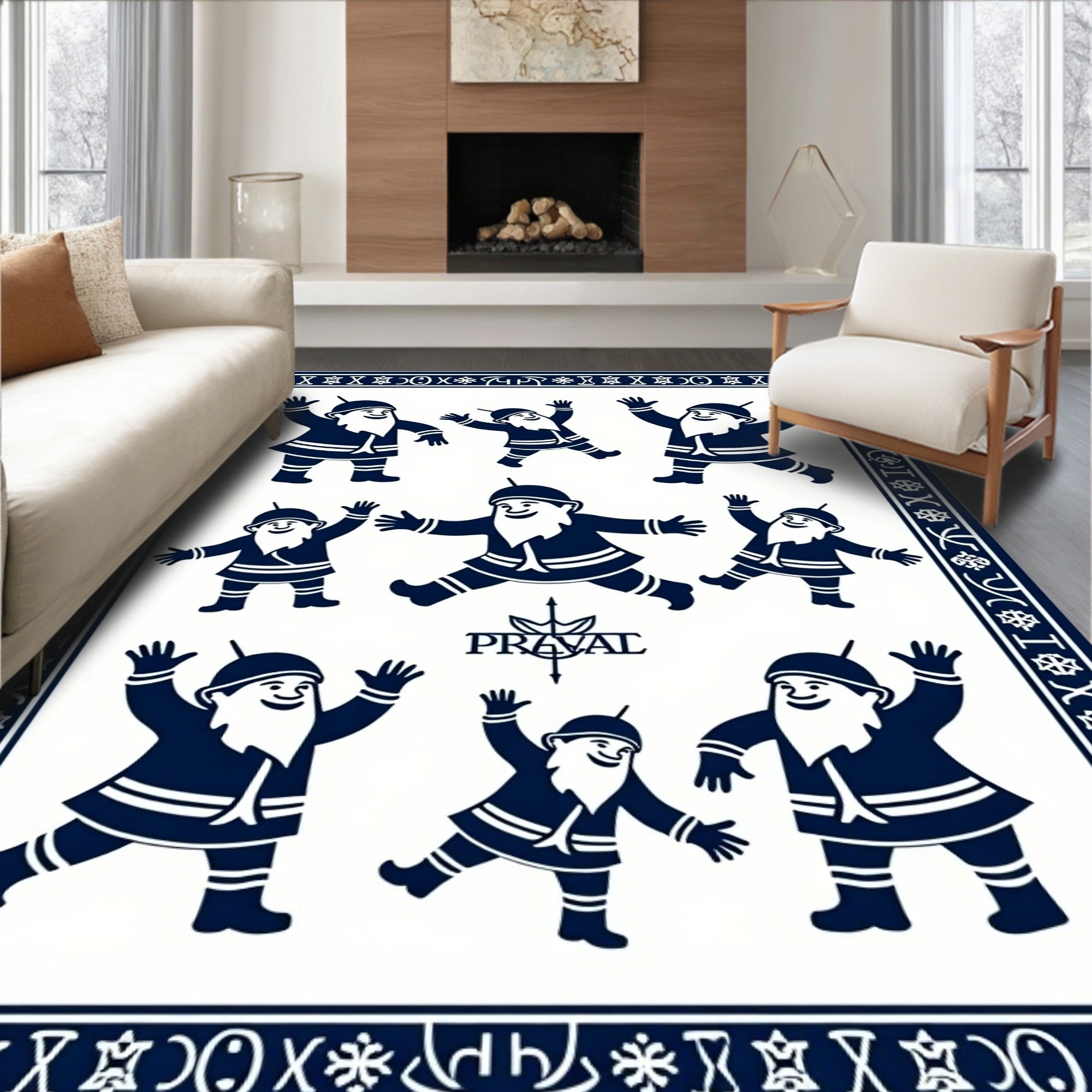 Navy Blue Happy Gnomes Border Rug