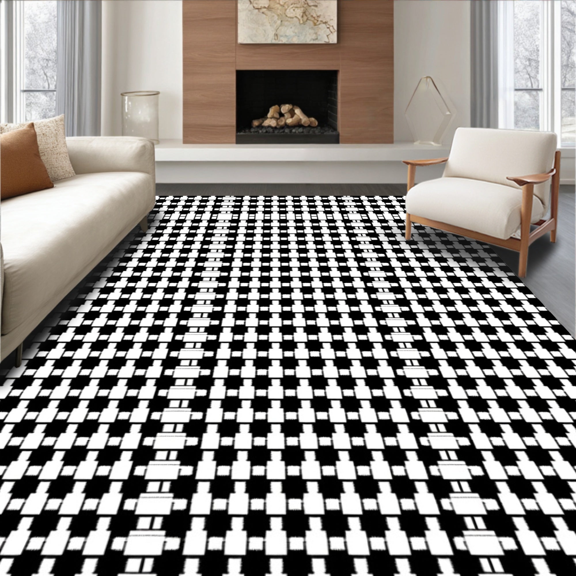 Monochromatic Black White Grid Texture Rug