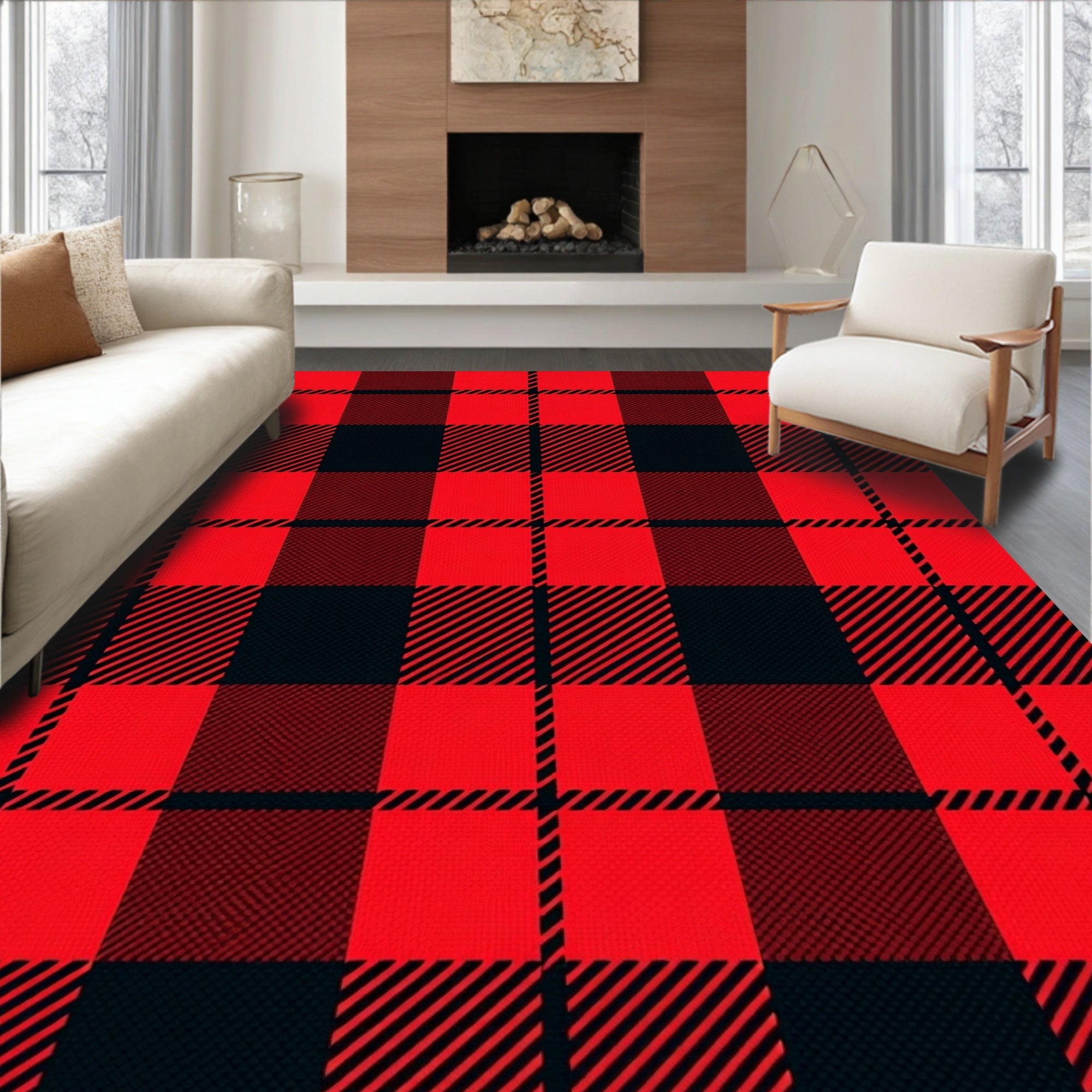 Classic Red Black Plaid Checkered Rug