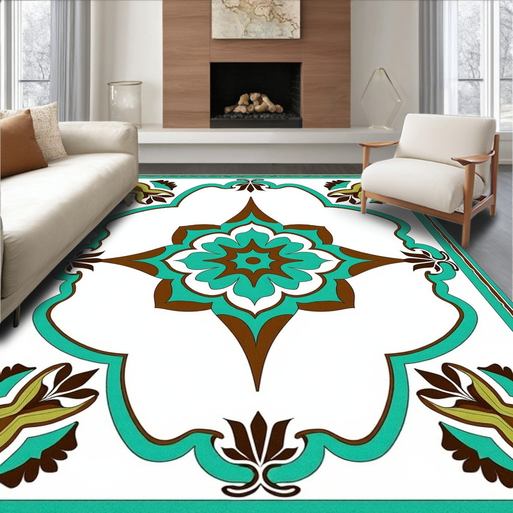 Turquoise Brown Floral Arabesque Frame Rug