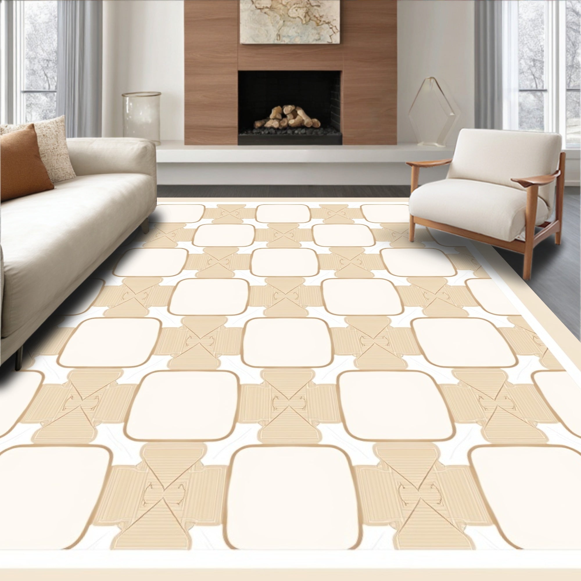Cream Beige Interlocking Squares Rug