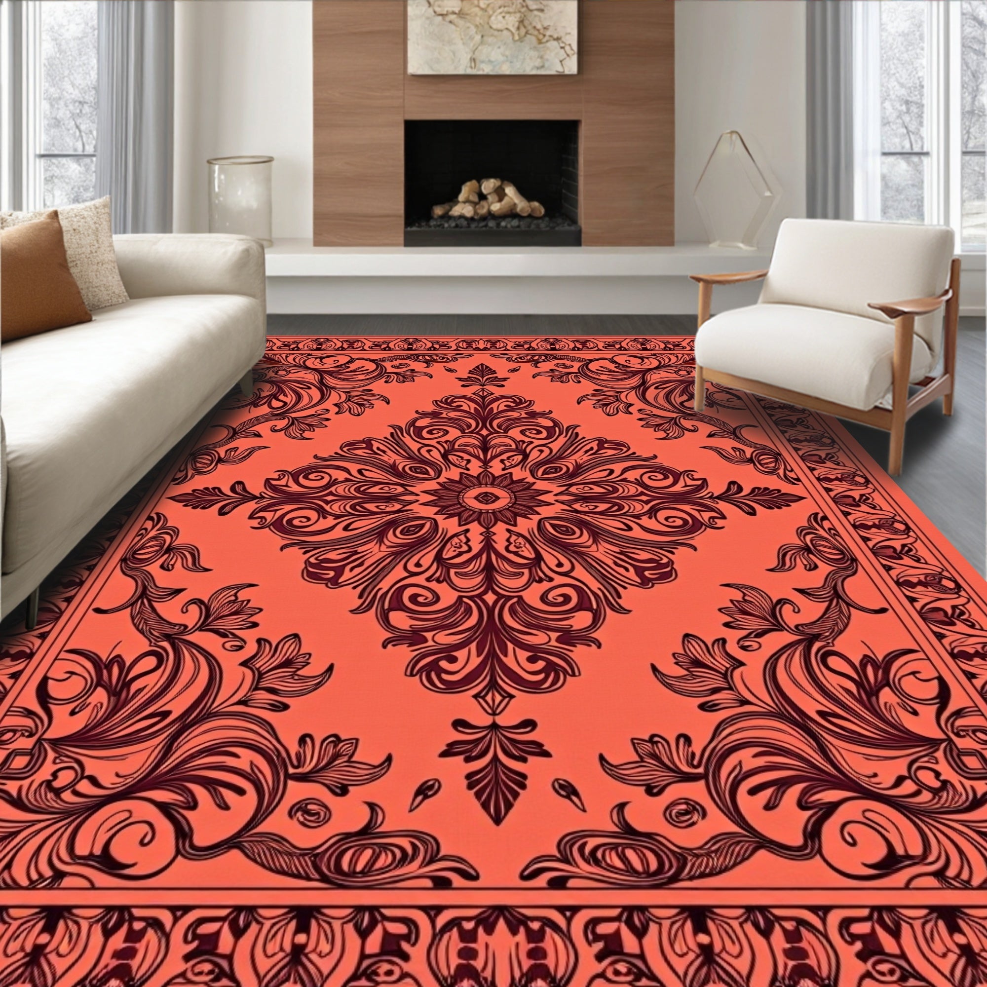 Coral Red Filigree Floral Medallion Rug