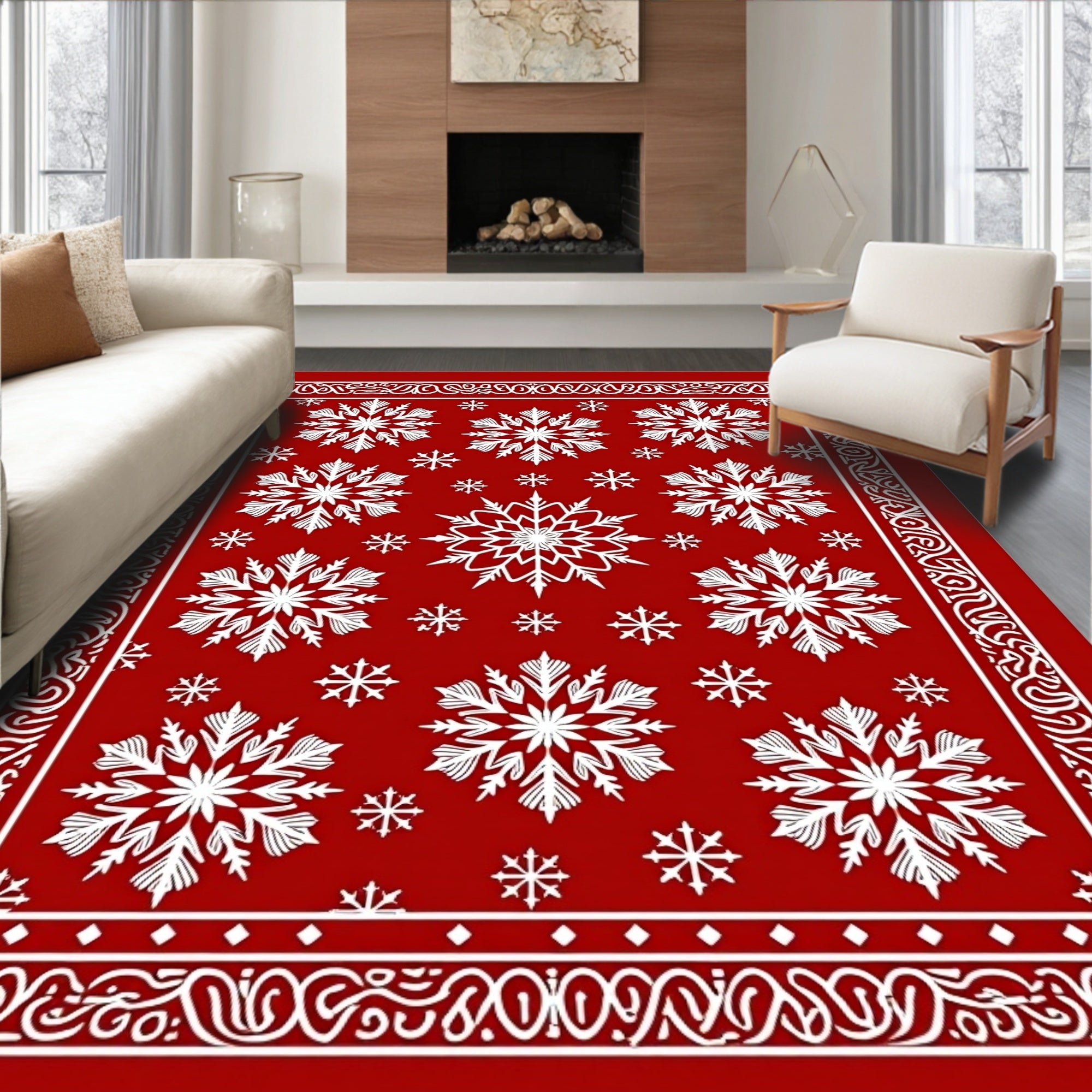 Winter Snowflakes Red Ornament Rug