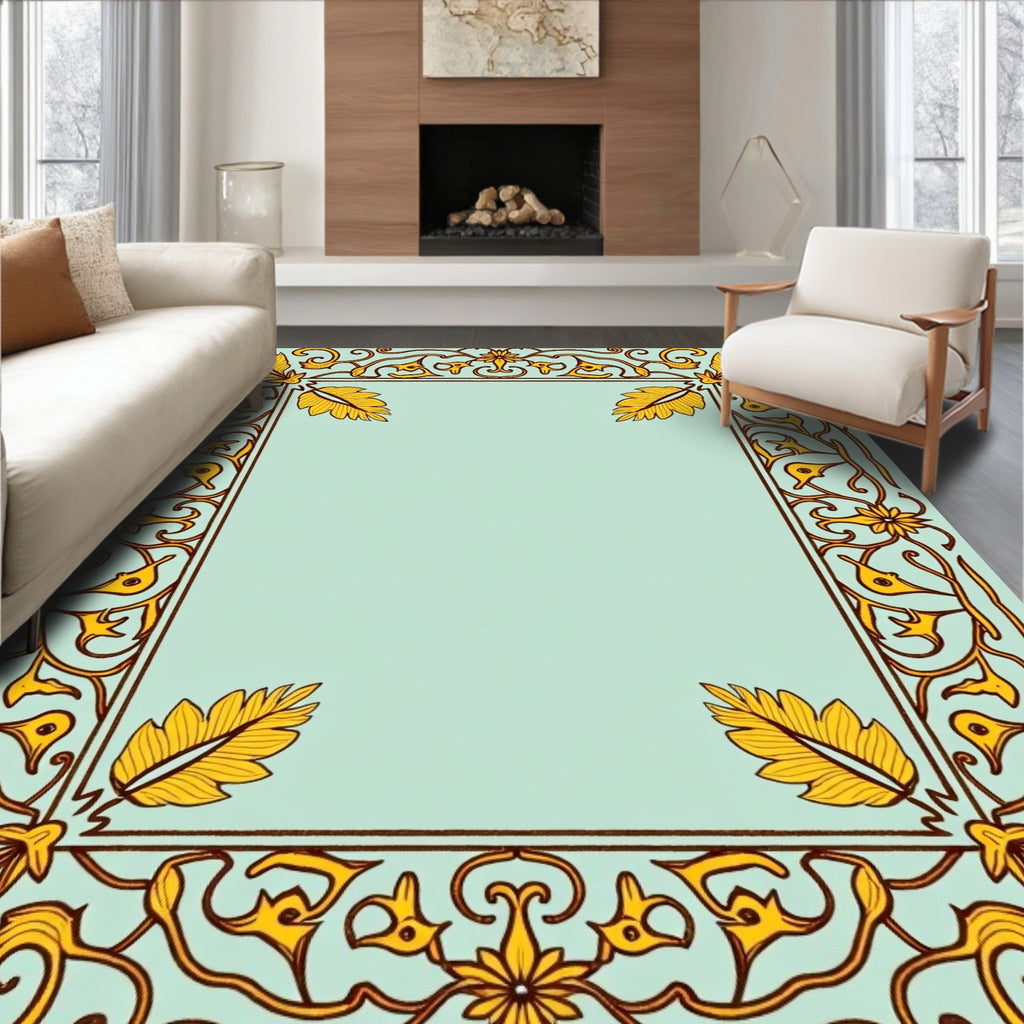 Golden Leaf Bordered Mint Rug
