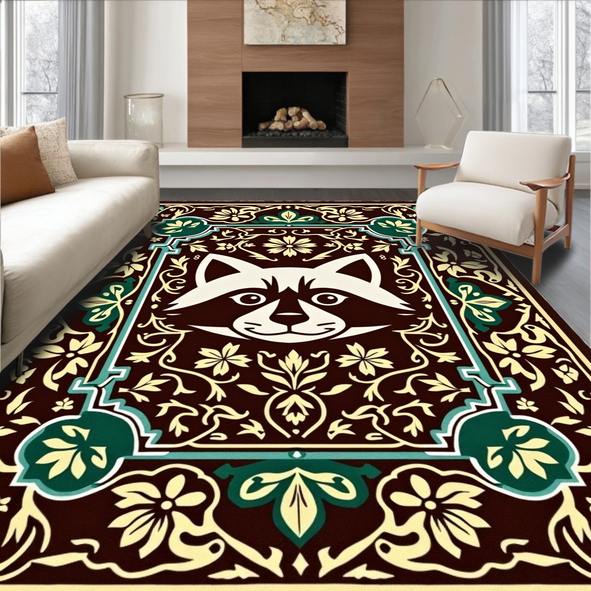 Whimsical Raccoon Floral Medallion Brown Rug
