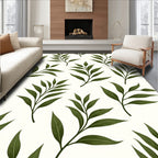 Dark Green Leaf Branches on Cream Rug