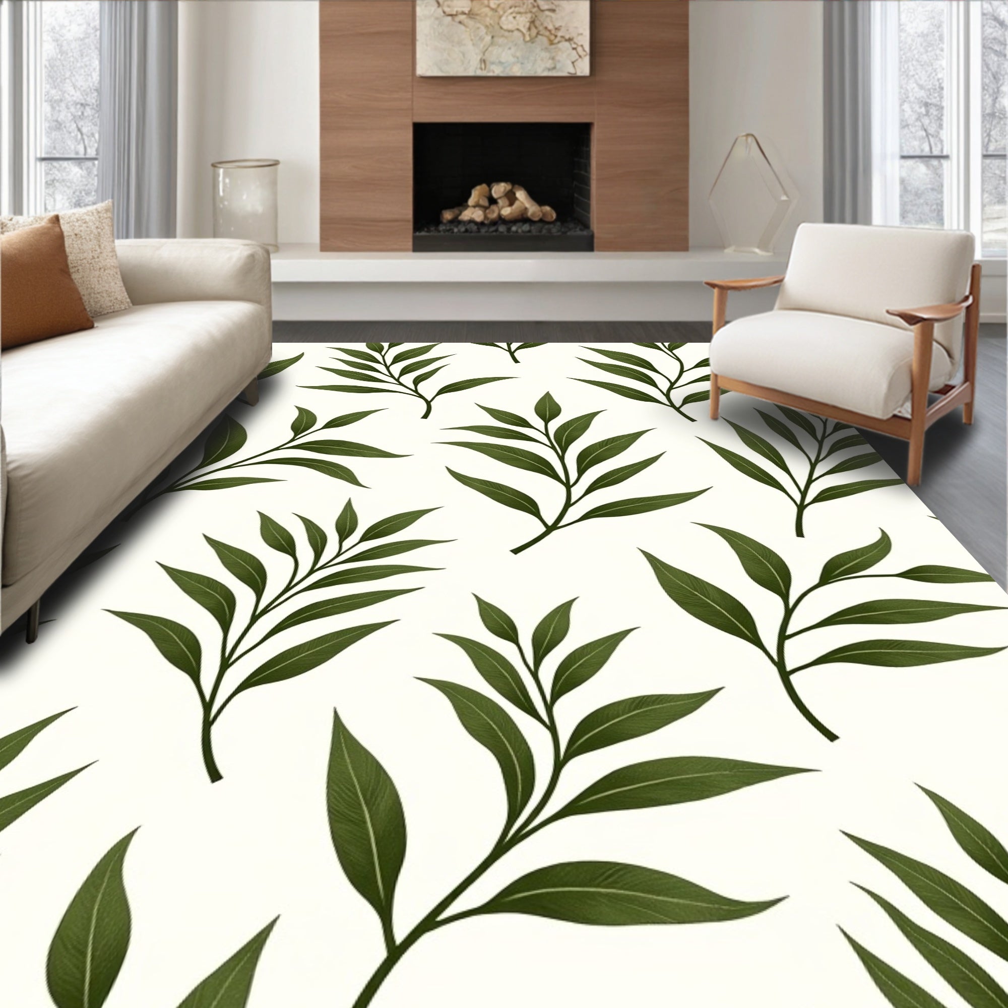 Dark Green Leaf Branches on Cream Rug