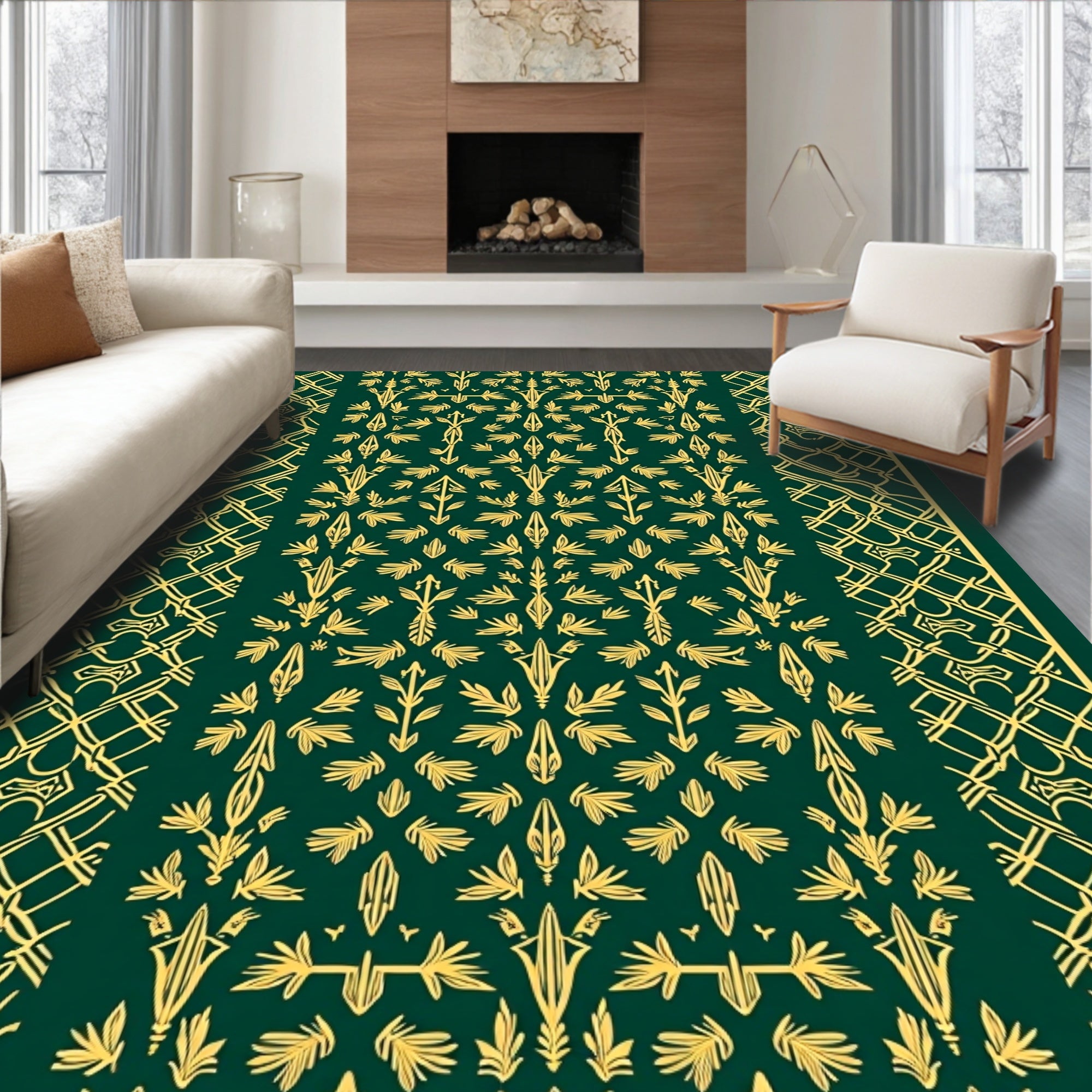 Emerald Green Golden Vine Medallion Rug