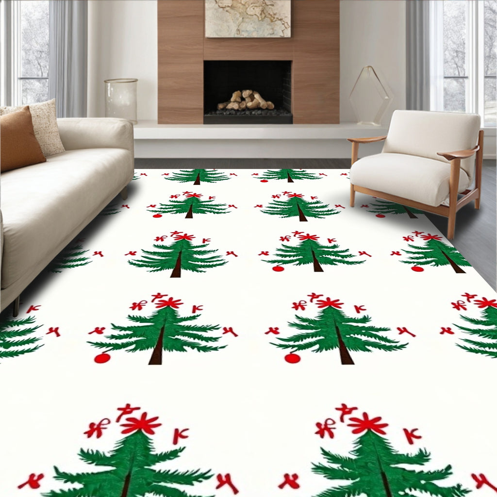 Green Christmas Trees Red Ornaments Rug