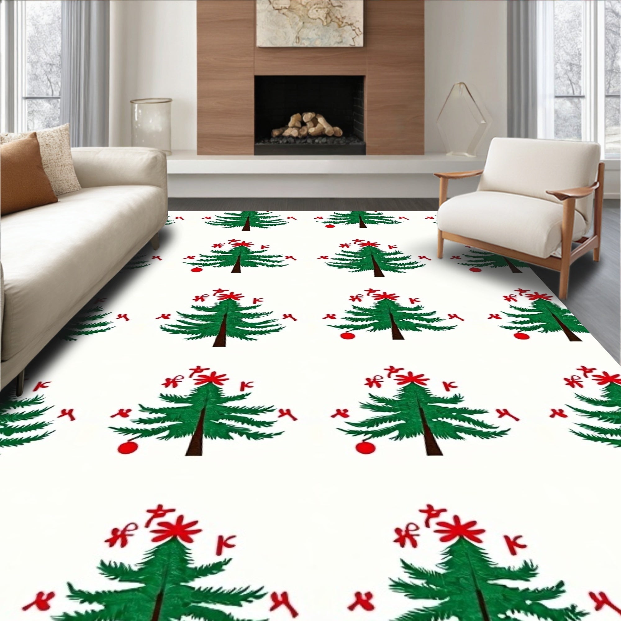 Green Christmas Trees Red Ornaments Rug