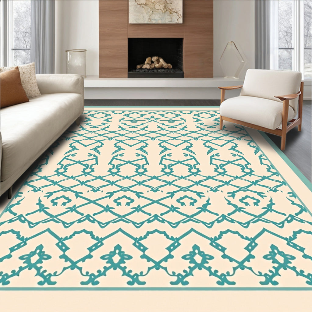 Cream Teal Ornate Lattice Rug