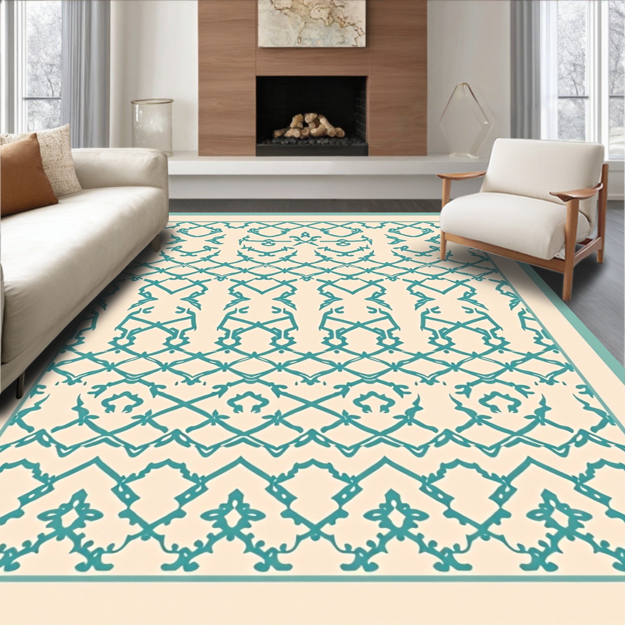 Cream Teal Ornate Lattice Rug