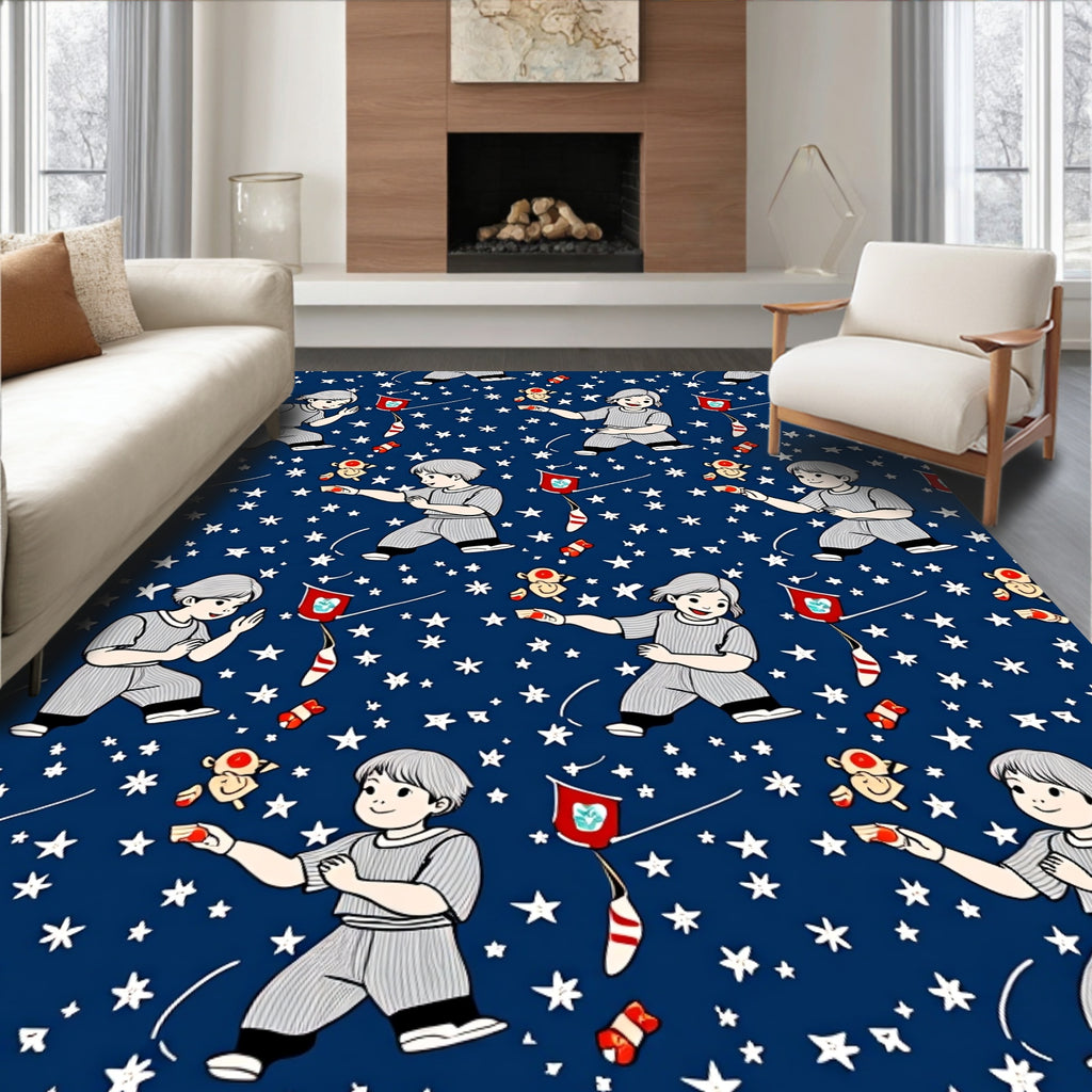 Joyful Children Flying Kites Starry Night Rug