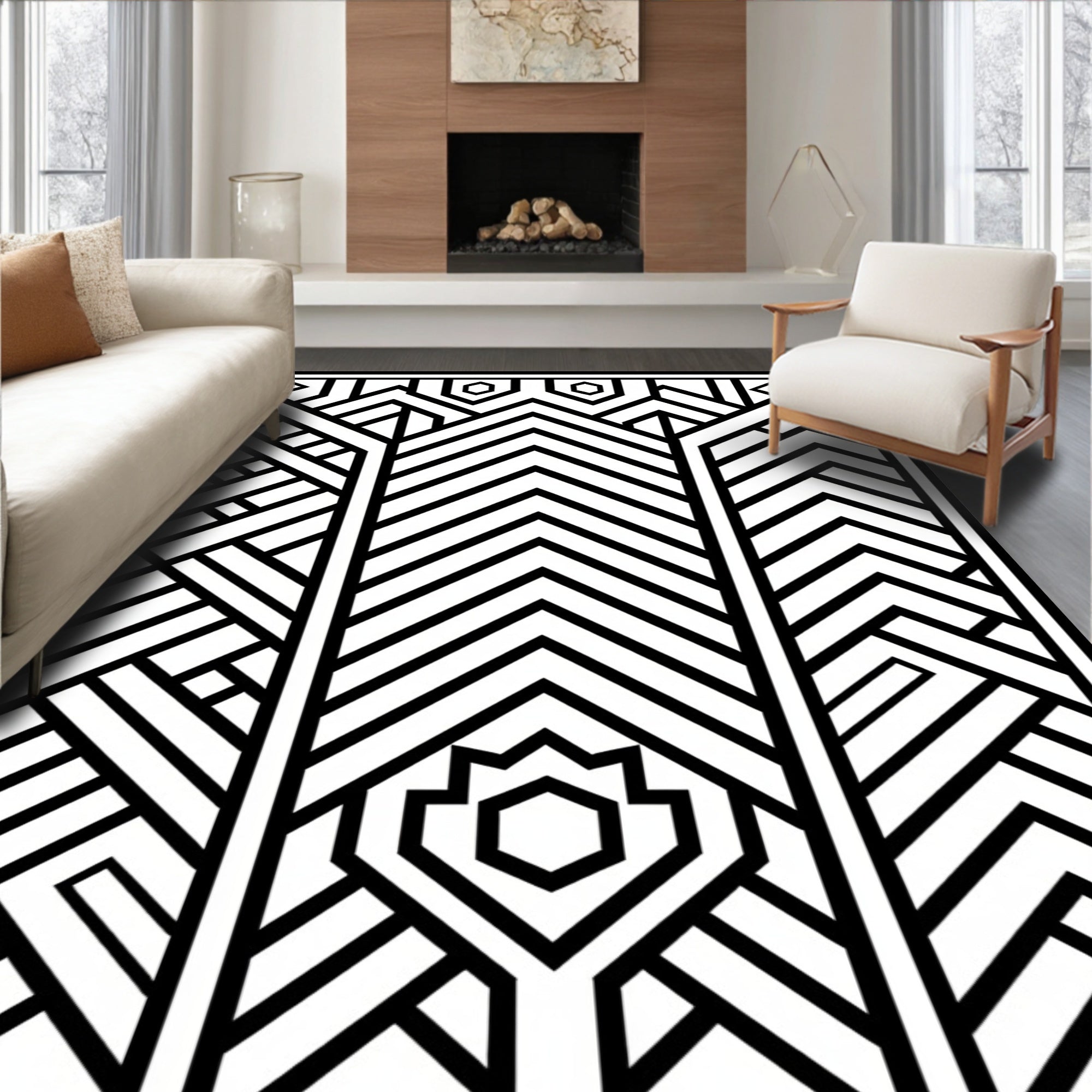 Monochromatic Geometric Art Deco Panels Rug