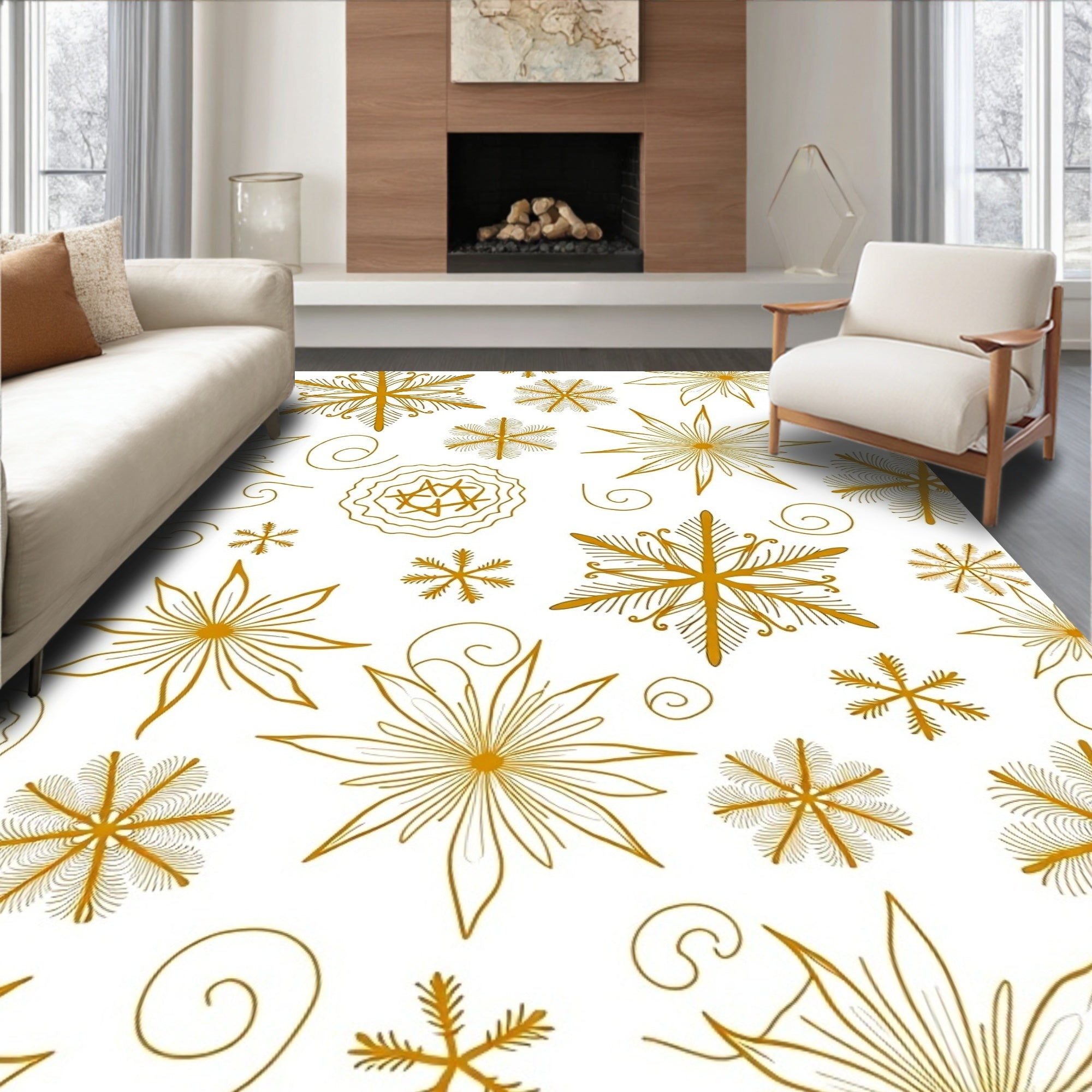 Golden Snowflake Swirl Whimsical Rug
