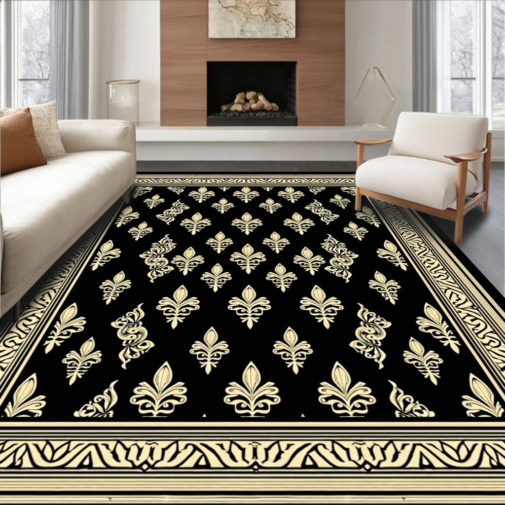 Elegant Beige Black Fleur-de-lis Border Rug