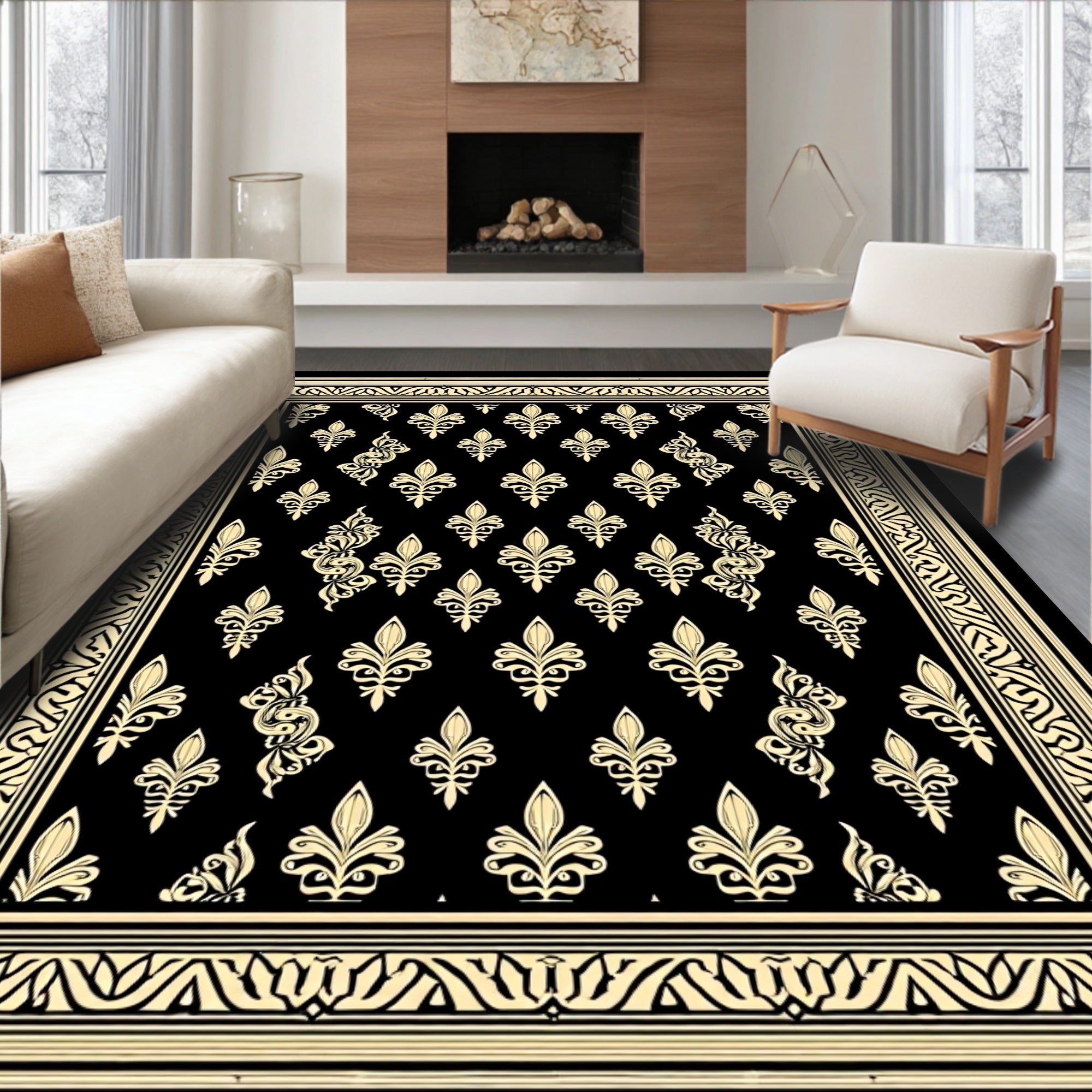 Elegant Beige Black Fleur-de-lis Border Rug
