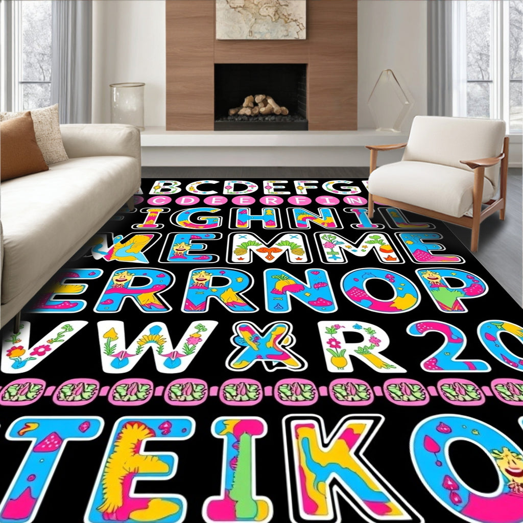 Psychedelic Alphabet and Numbers Collage Rug