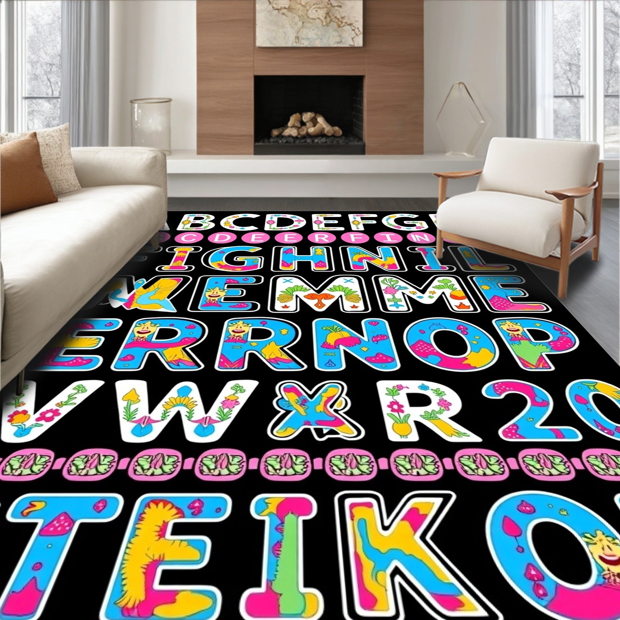 Psychedelic Alphabet and Numbers Collage Rug