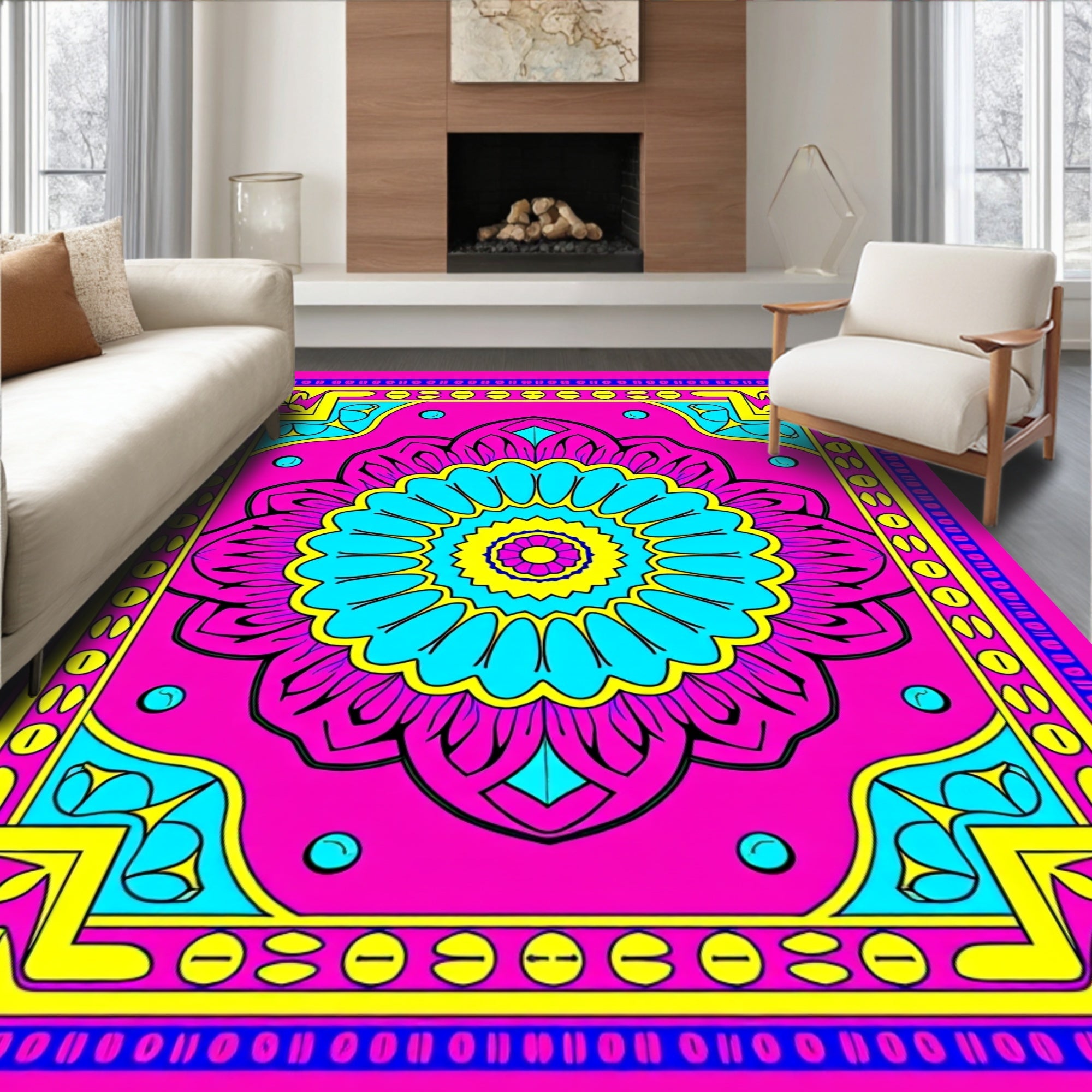 Vibrant Pink Cyan Medallion Area Rug
