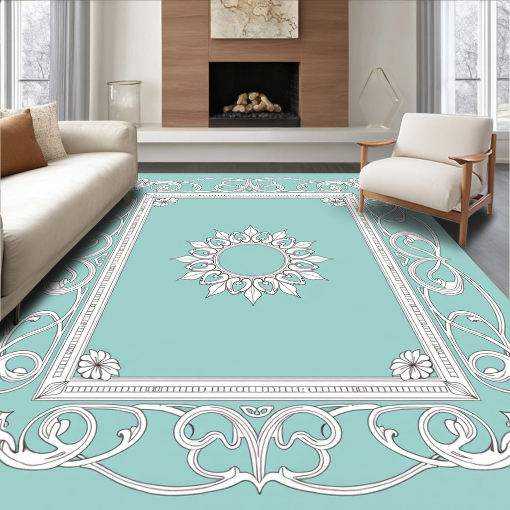 Turquoise white ornate floral frame medallion Rug