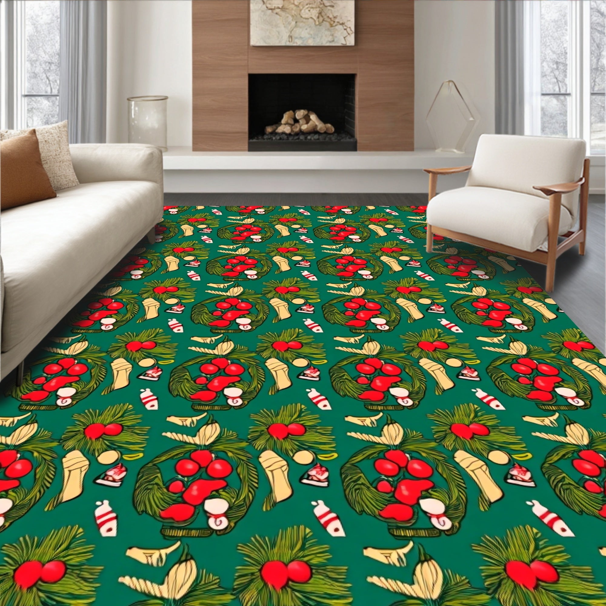 Festive Red Berry Wreath Holiday Rug