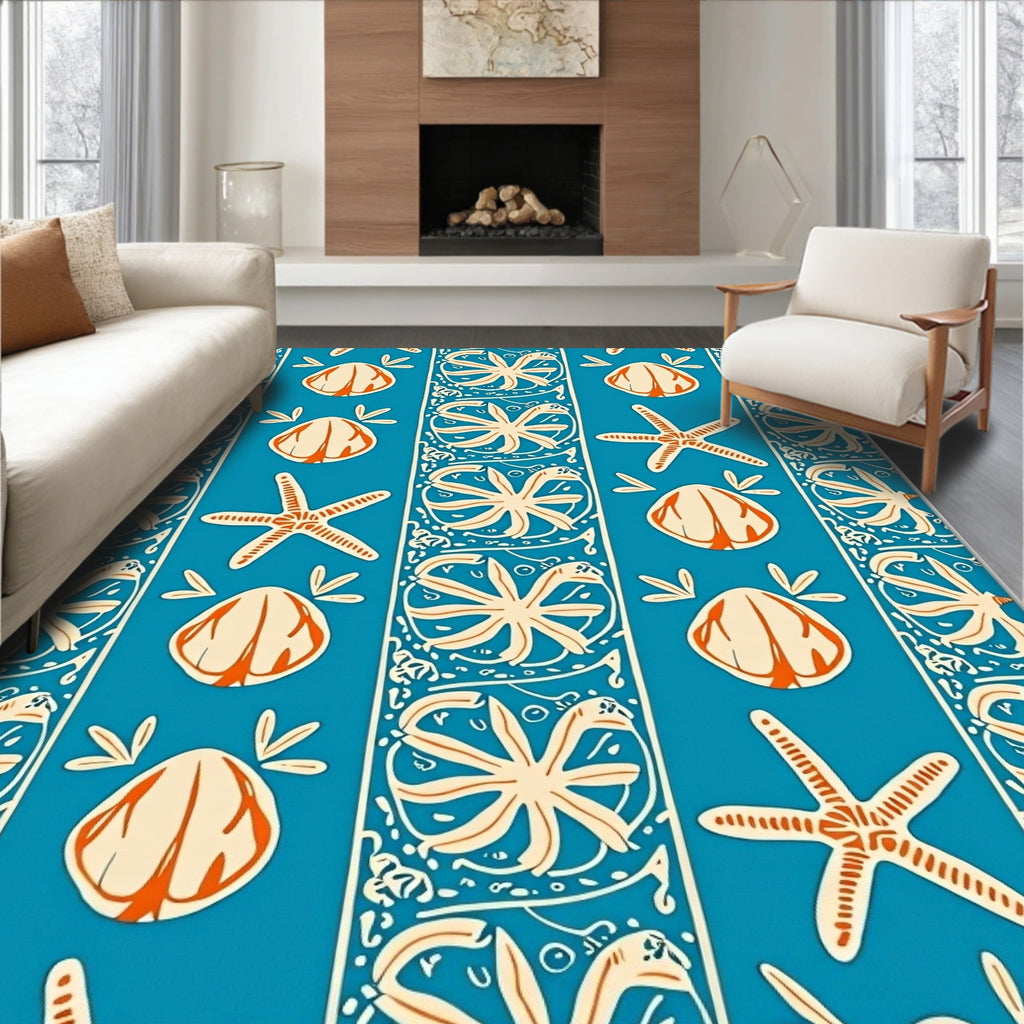 Coastal Blue Seashell Starfish Stripe Rug