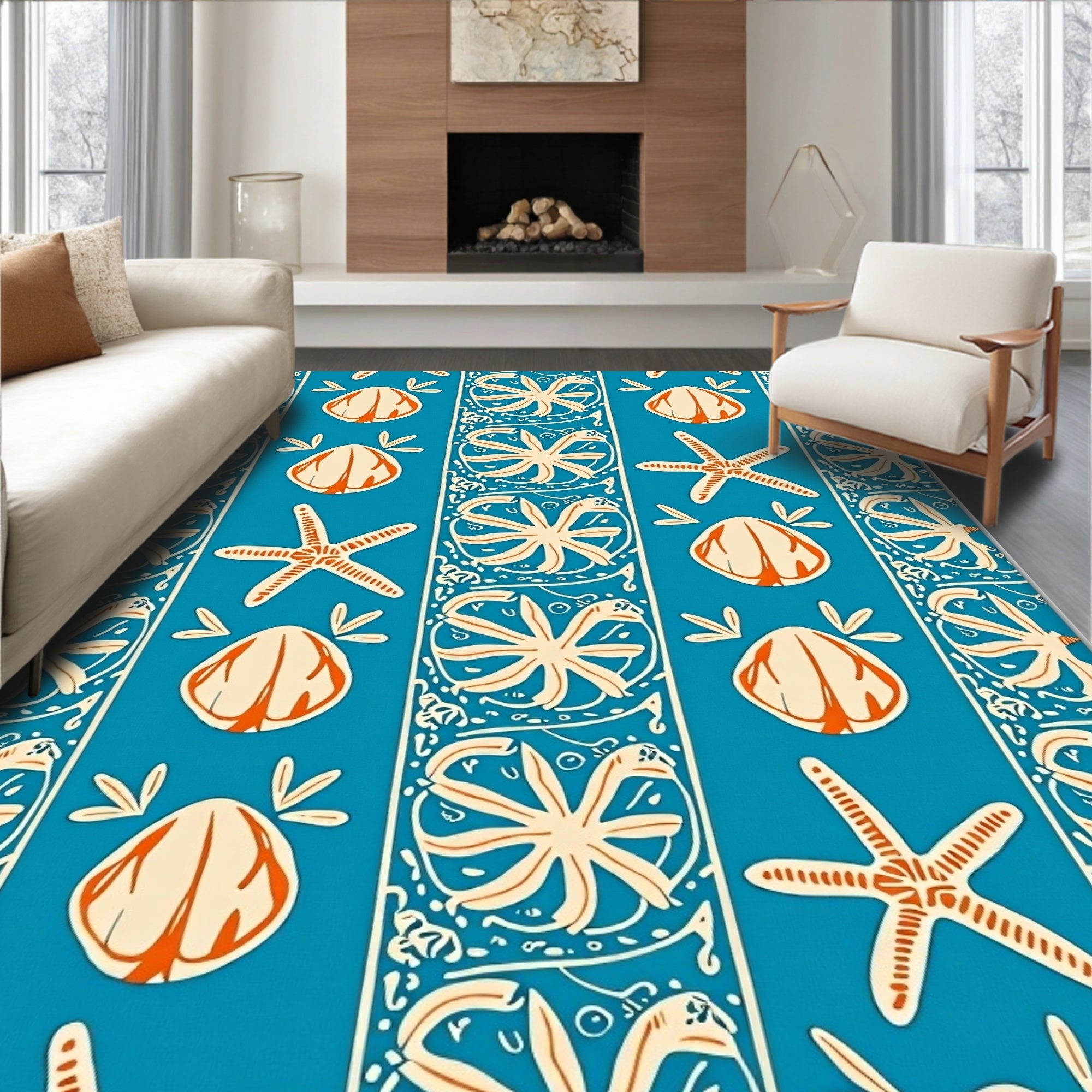 Coastal Blue Seashell Starfish Stripe Rug