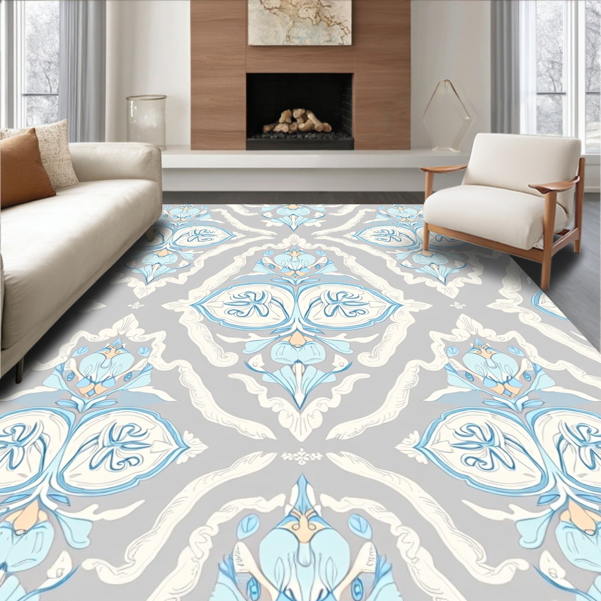 Light Gray Blue Floral Damask Rug