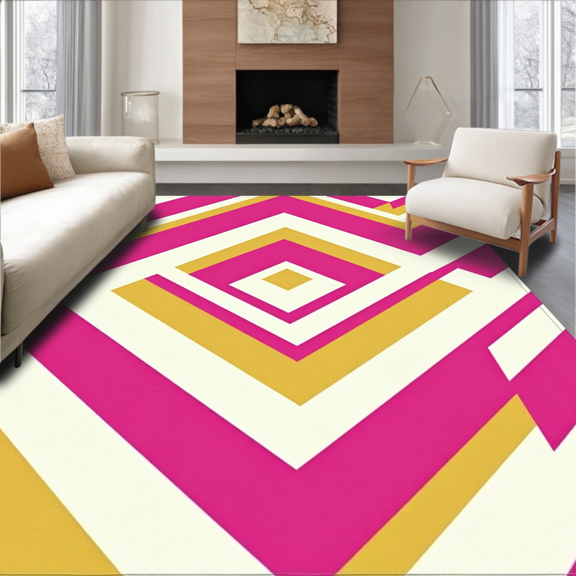 Bold Pink Gold Geometric Layers Rug