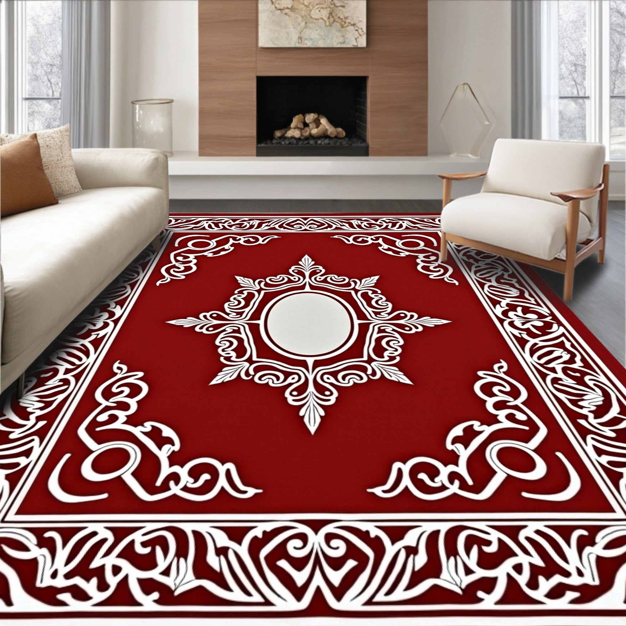 Vibrant Red White Filigree Medallion Rug