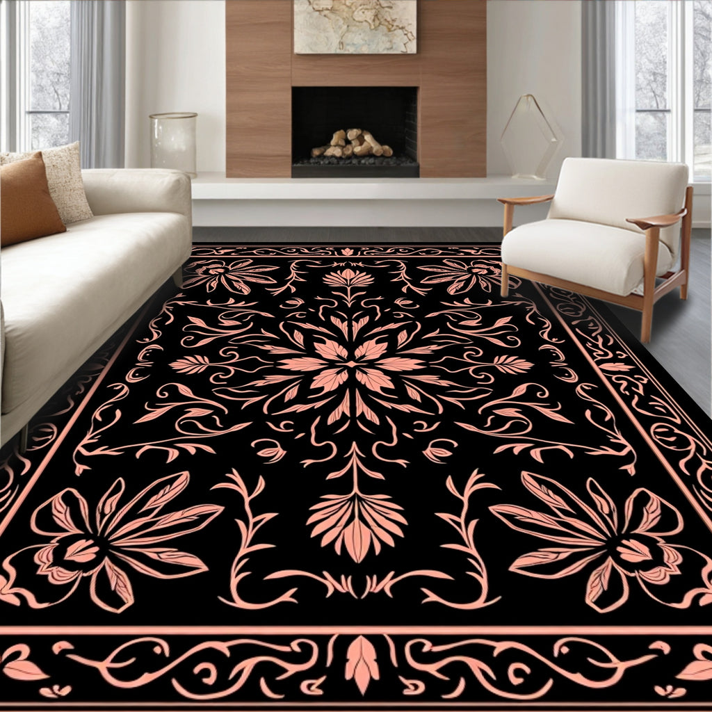 Coral Floral Medallion Black Rug