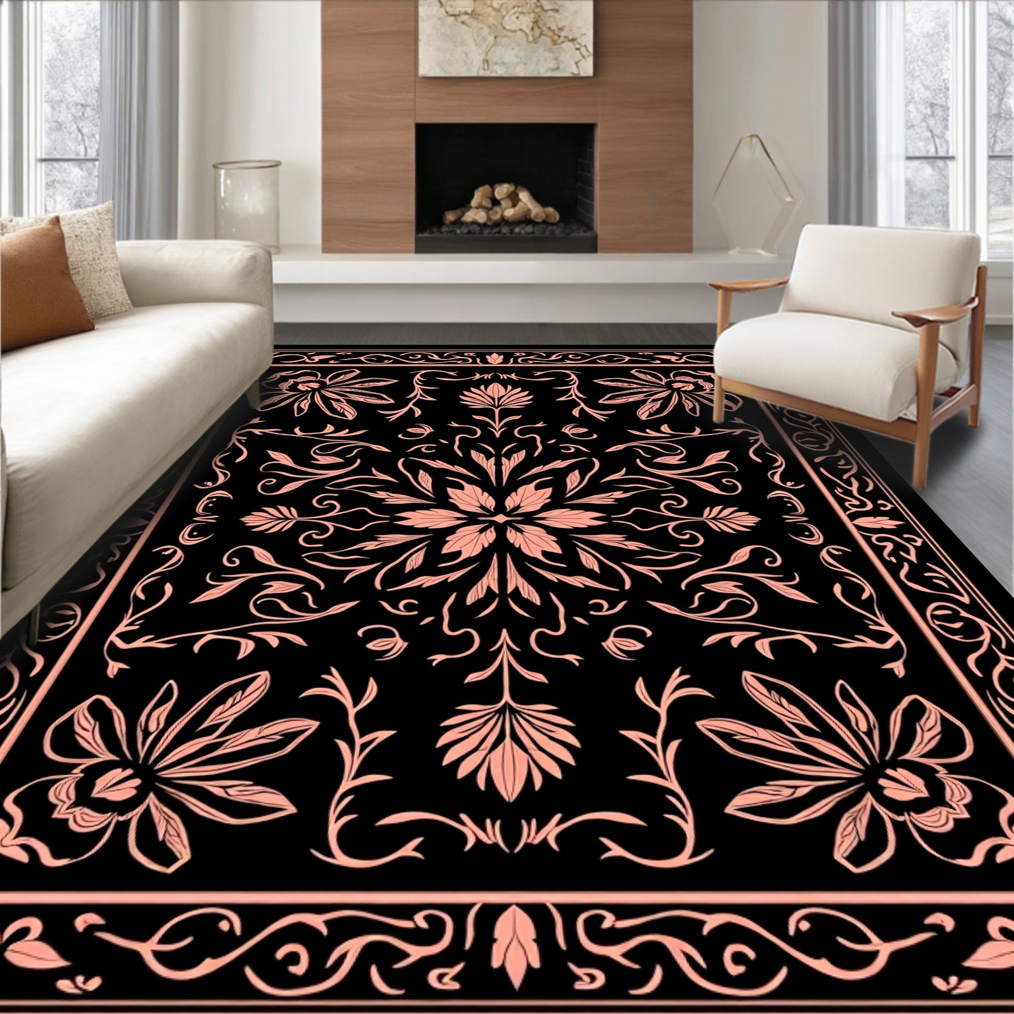 Coral Floral Medallion Black Rug
