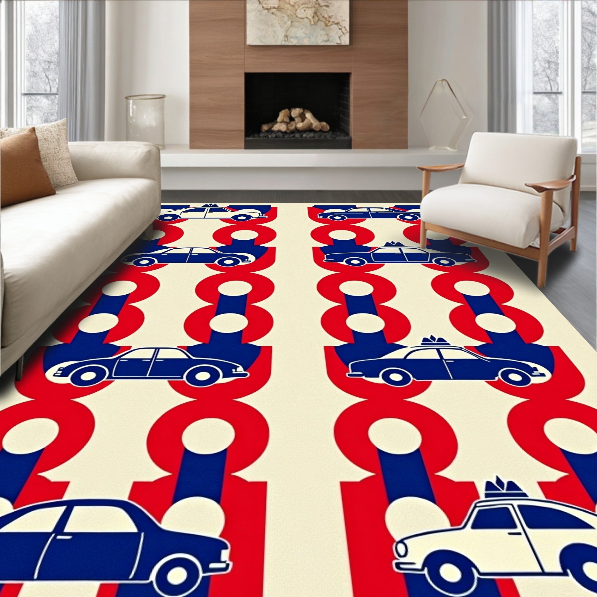 Retro Blue Red Car Repeat Rug