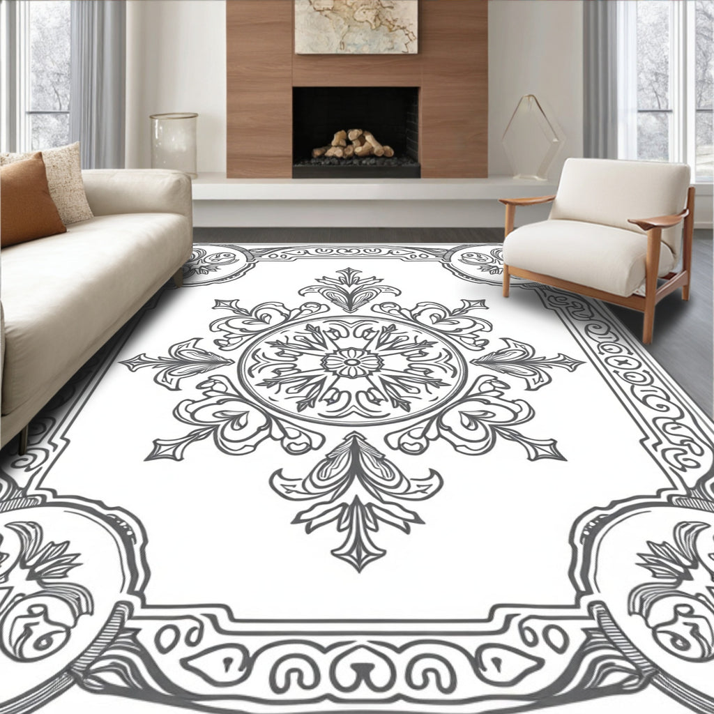 Ornate Gray Floral Medallion Frame Rug