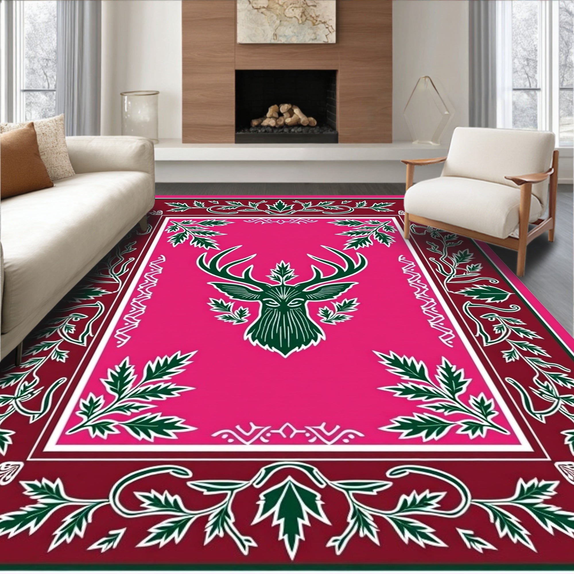 Deep Pink Deer Head Floral Border Rug