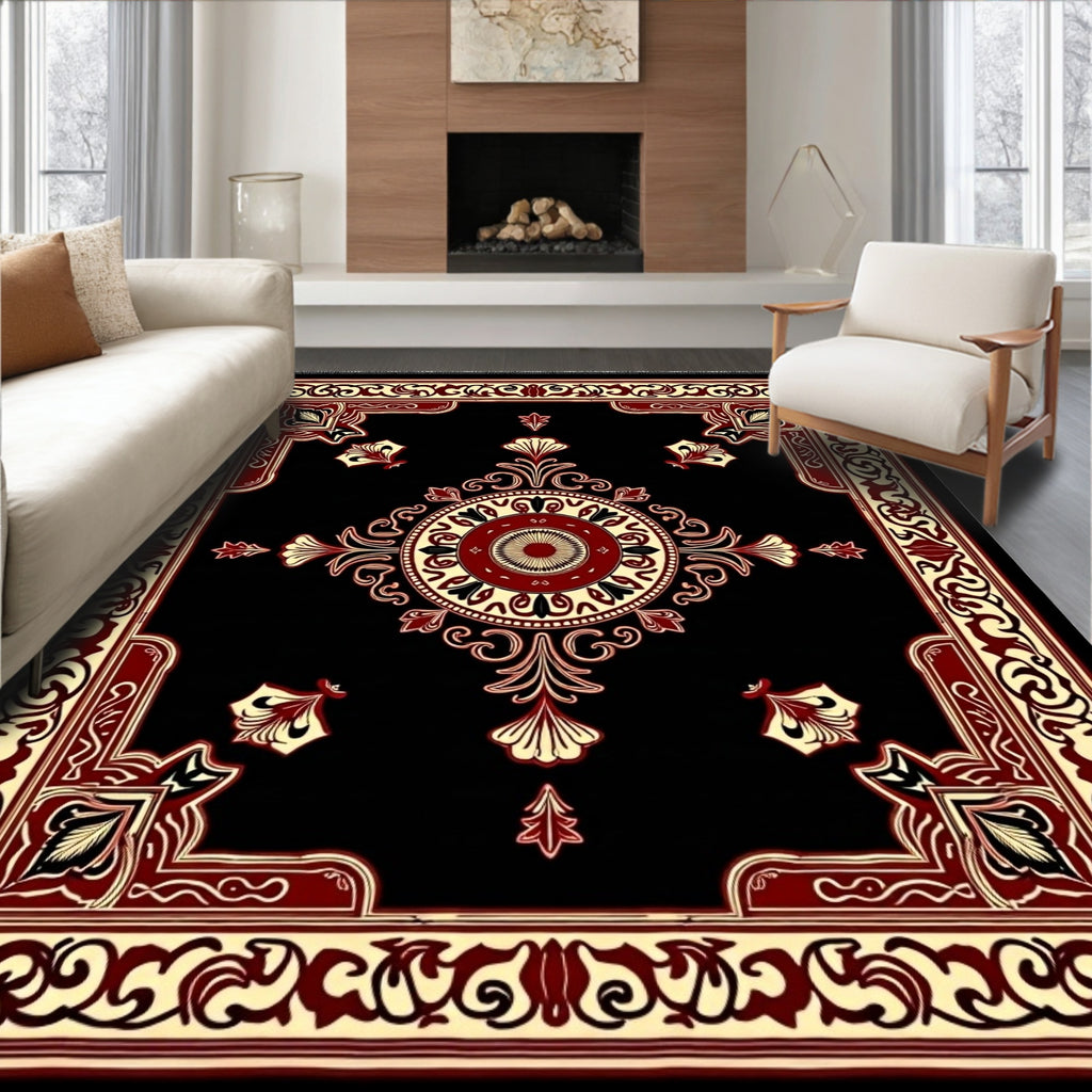 Black Red Cream Medallion Floral Border Rug