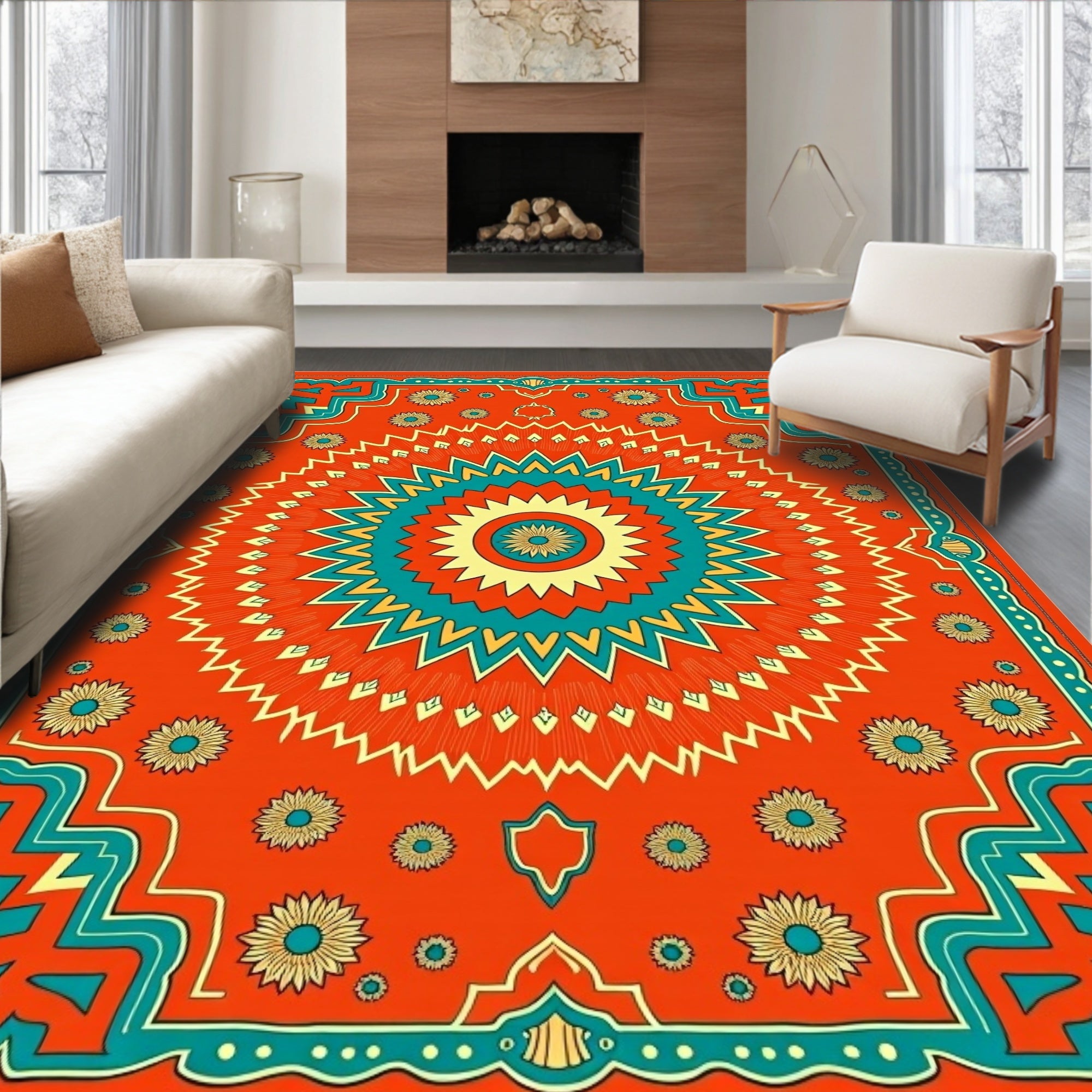 Vibrant Sunburst Floral Mandala Medallion Rug