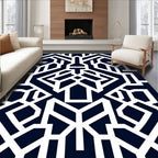 Dark Blue White Geometric Maze Rug