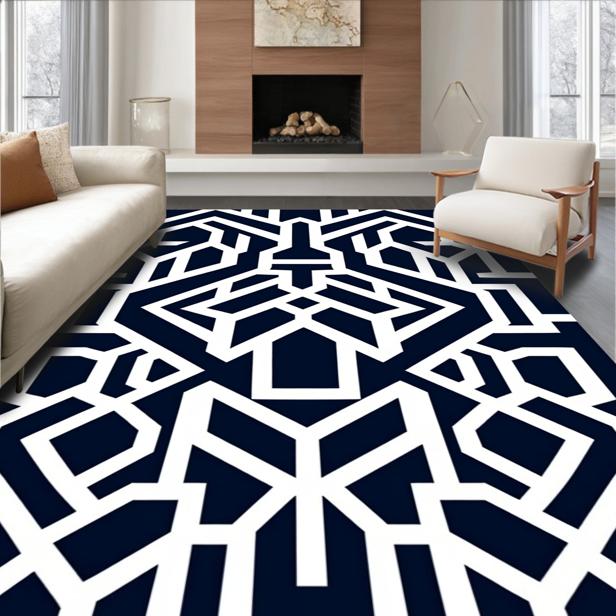 Dark Blue White Geometric Maze Rug