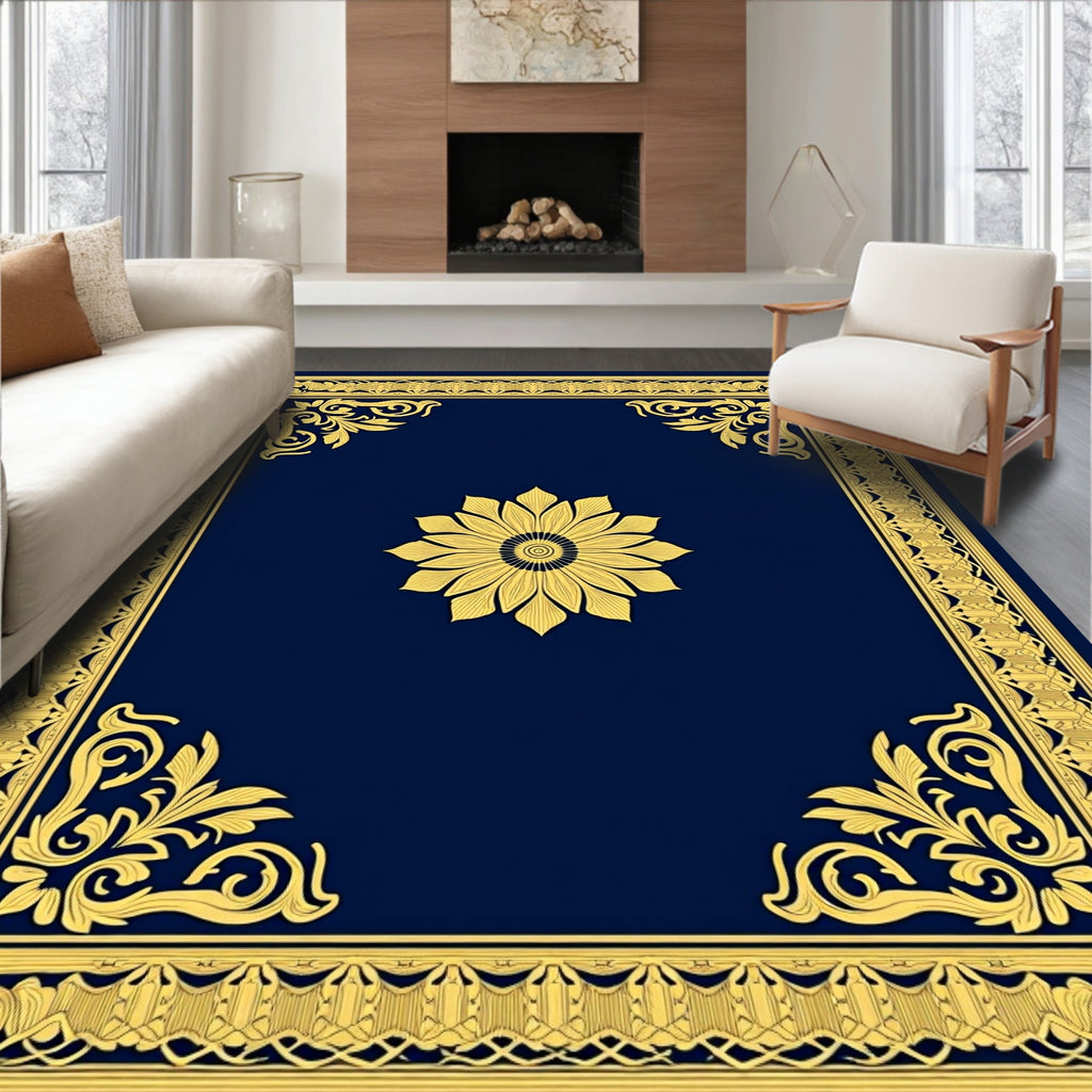 Golden Floral Medallion Navy Border Rug