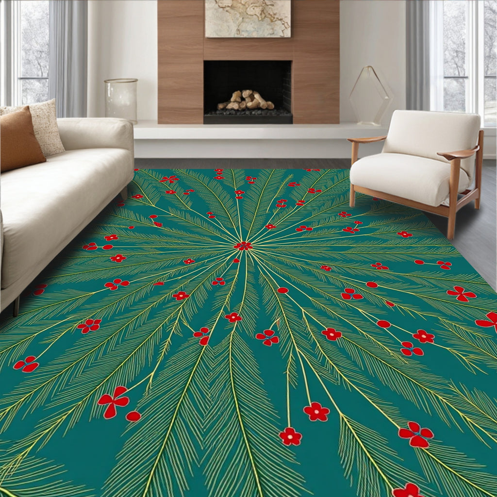 Festive Teal Gold Fern Blossom Rug