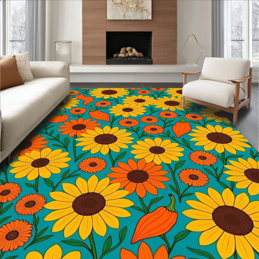 Yellow Orange Sunflowers Teal Botanical Rug
