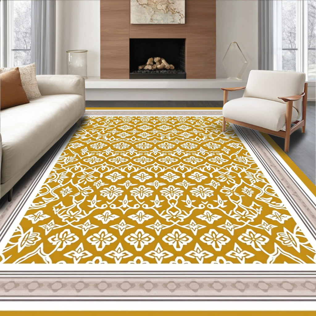 Golden White Floral Lattice Rug