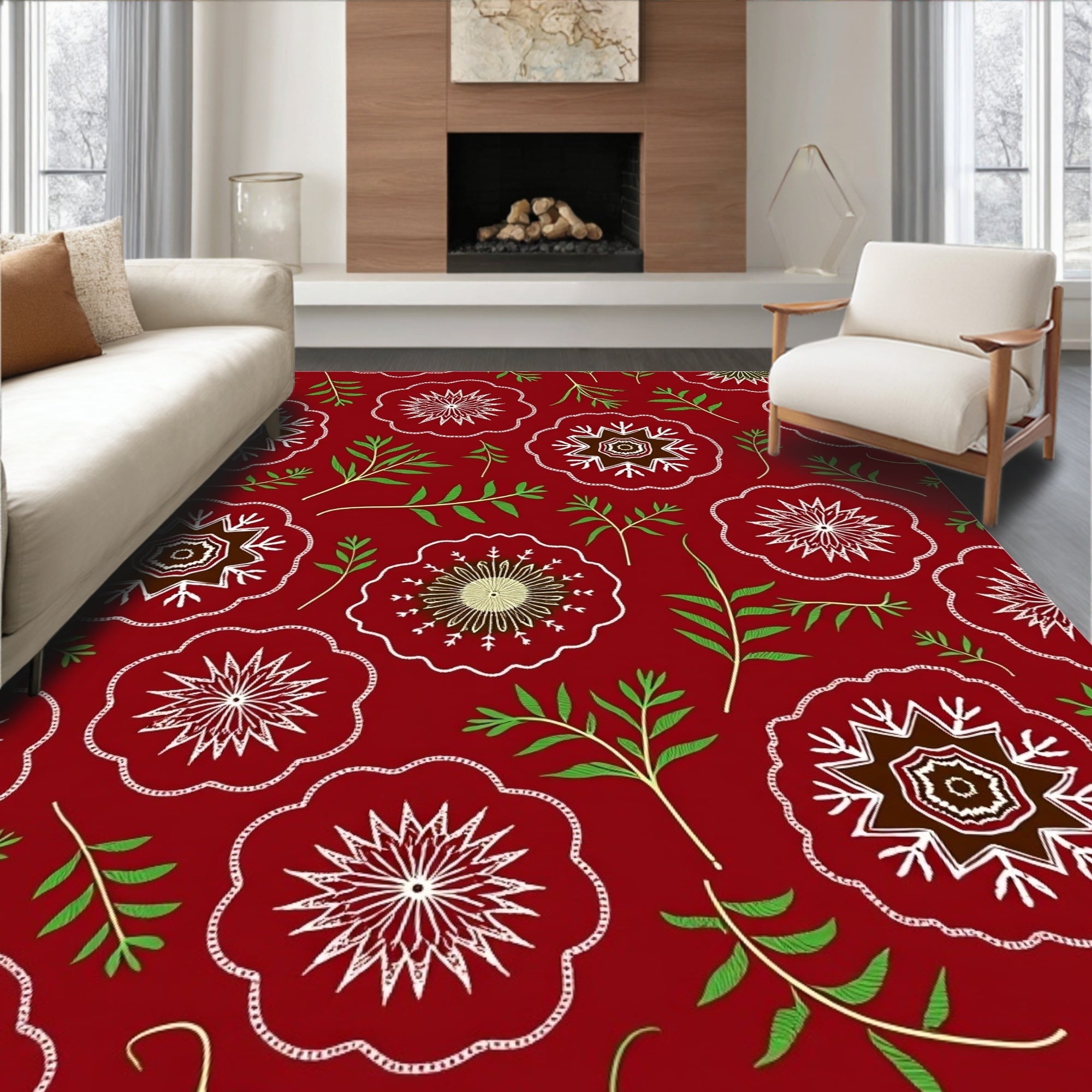 Crimson Floral Medallion Foliage Rug