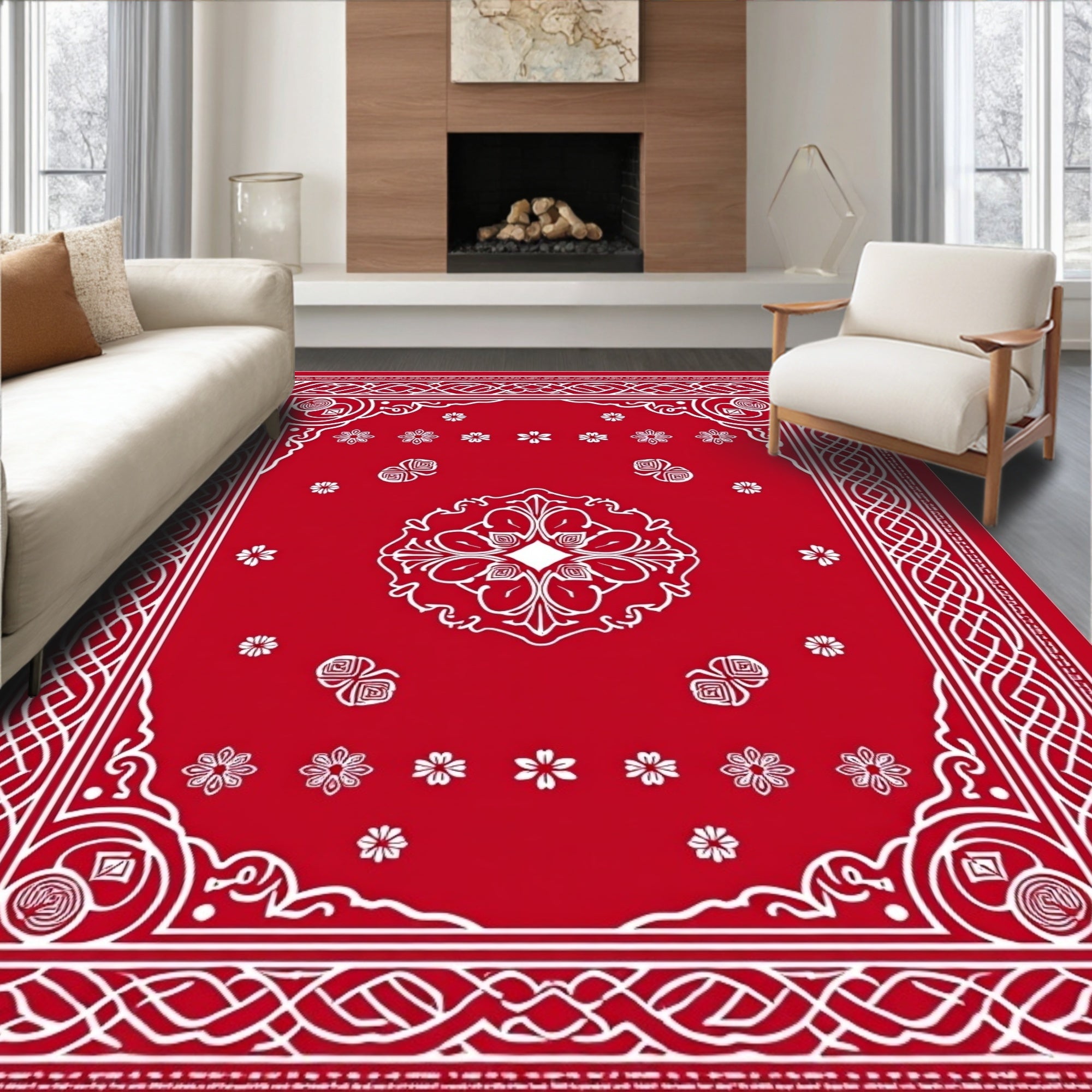 Bold Red Floral Medallion Border Rug