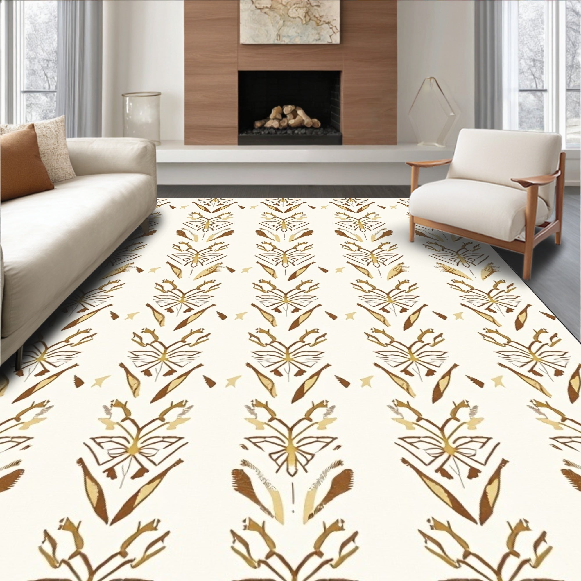 Earthy Golden Brown Botanical Stripe Rug